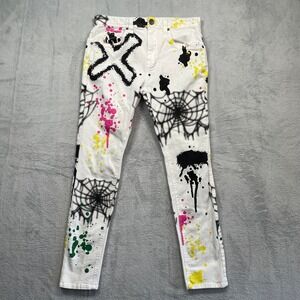 Lure Tapered Skinny Jeans Mens 30 White Spider Web Paint Splatter Graphic Print